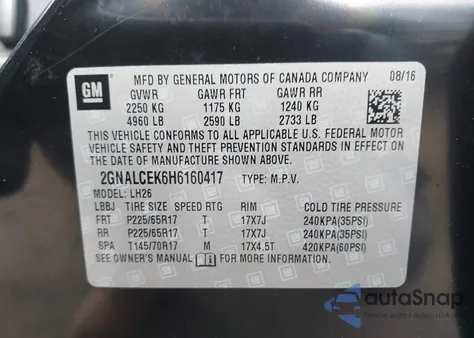 2017 Chevrolet Equinox Lt z USA, uszkodzony, nr VIN 2GNALCEK6H6160417